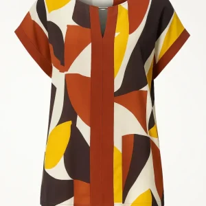 Blusa in viscosa con davanti stampato ed inserti a tinta unita