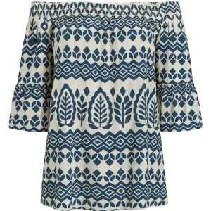 Blusa stampata con scollo omerale elasticizzato con balze