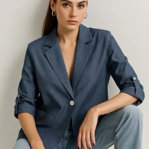 Giacca maniche a tre quarti con risvolto in chambray