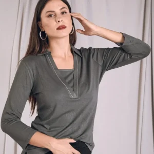 Maglia polo viscosa elasticizzata con lurex PIOMBO