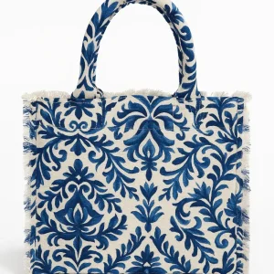 Tote bag mare a fantasia con orli sfrangiati